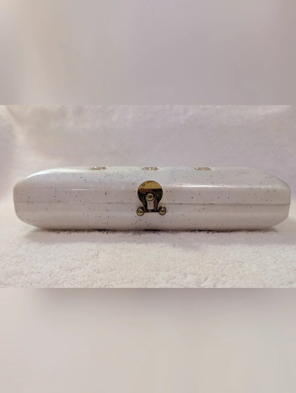 Vintage MCM Lucite Clutch Purse Pearl White Confetti Hard Shell Rhinestone Bling